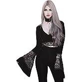 Women's Sexy Vintage Gothic Lace Flare Sleeve T Shirt Tops Hollow Out Retro Crop Tops for Halloween Party Festival