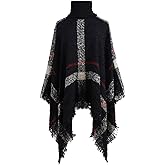 bawilom Womens Fall Winter Warm Poncho Cape Casual Striped Shawl Wraps Mock Turtleneck Knitted Pullover Sweater with Tassels