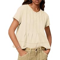 EXLURA Women's Summer Cropped Top - Round Neck, Short Sleeve, Pleated Blouse For Business Casual