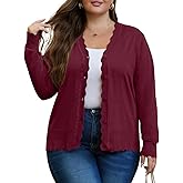OLRIK Plus Size Cardigan for Women Cropped Long Sleeve V-Neck Buttons Down Ribbed Wave Edges Casual Knit Shrugs