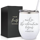 The Adventure Begins - Congratulations Gifts For Women, Going Away Gifts for Friends Moving, or Welcome To the Team- Perfect New Beginnings Gift - 12oz Stainless Steel Glass with Straw and Lid