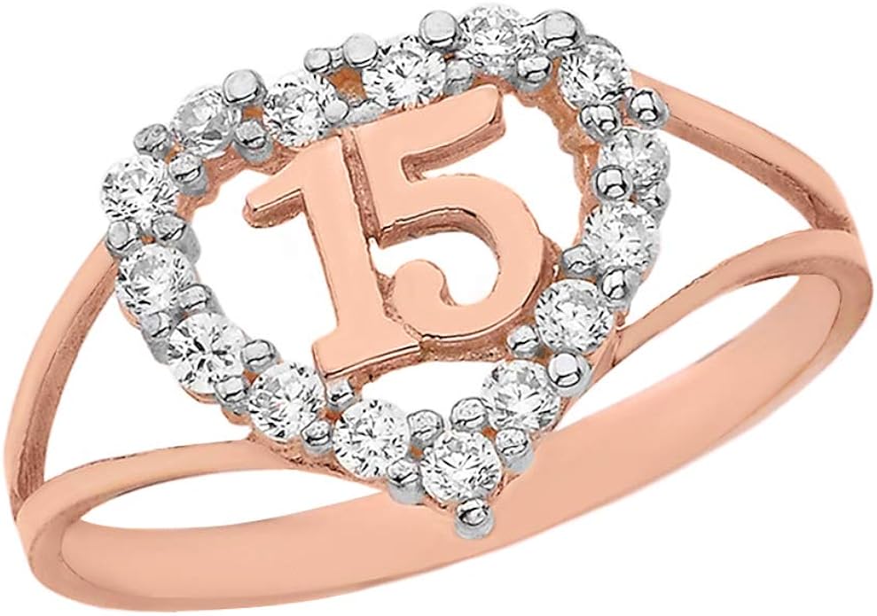 Solid Rose 9 ct Gold Split Shank CZ Heart Quinceañera Ring Amazon.co