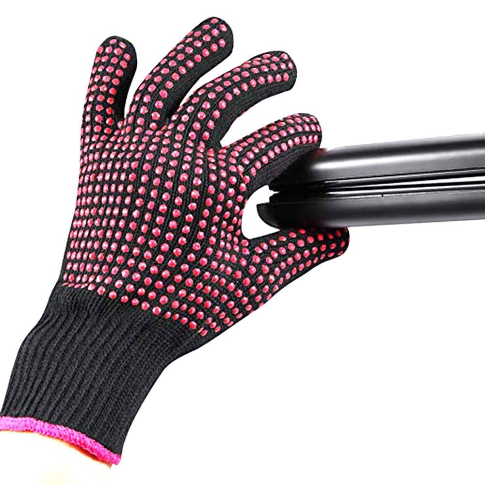 2 Pcs Professional Heat Resistant Glove for Hair Styling Heat Blocking Gloves for Curling, Flat Iron and Hair Styling Tools, Silicone Bump, Pink Edge: Beauty
