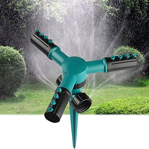 MAZU Lawn Sprinkler Automatic Garden Water Sprinklers 360 degree Spike Base Lawn Irrigation System Three Arms Plant Watering Garden Supplies Range Up to 32.8 Ft