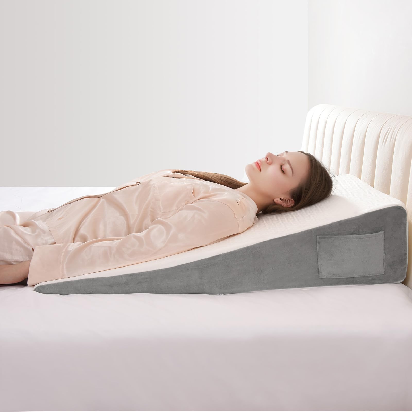 Photo 1 of Vekkia 34" Extra-Long Wedge Pillow, Back & Arm Support, Bed Wedge Pillow for Sleeping After Surgery, Acid Reflux, Snoring Relief, Removable Washable Cover & Double Side Pockets, 7.5" Height, White