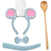 Halloween Mouse Costume Set Include Mouse Ears Headband,Tail,Bow Tie and Wooden Spoon for Men Women Party Cosplay