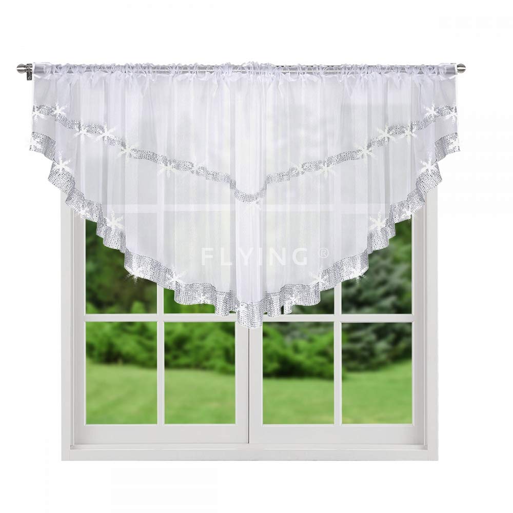 FKL DESIGN Voile Curtain with Satin Ribbon White Modern Beautiful Kitchen Curtain 300 cm x 85 cm Curtains with Ruffle Tape and Zirconia