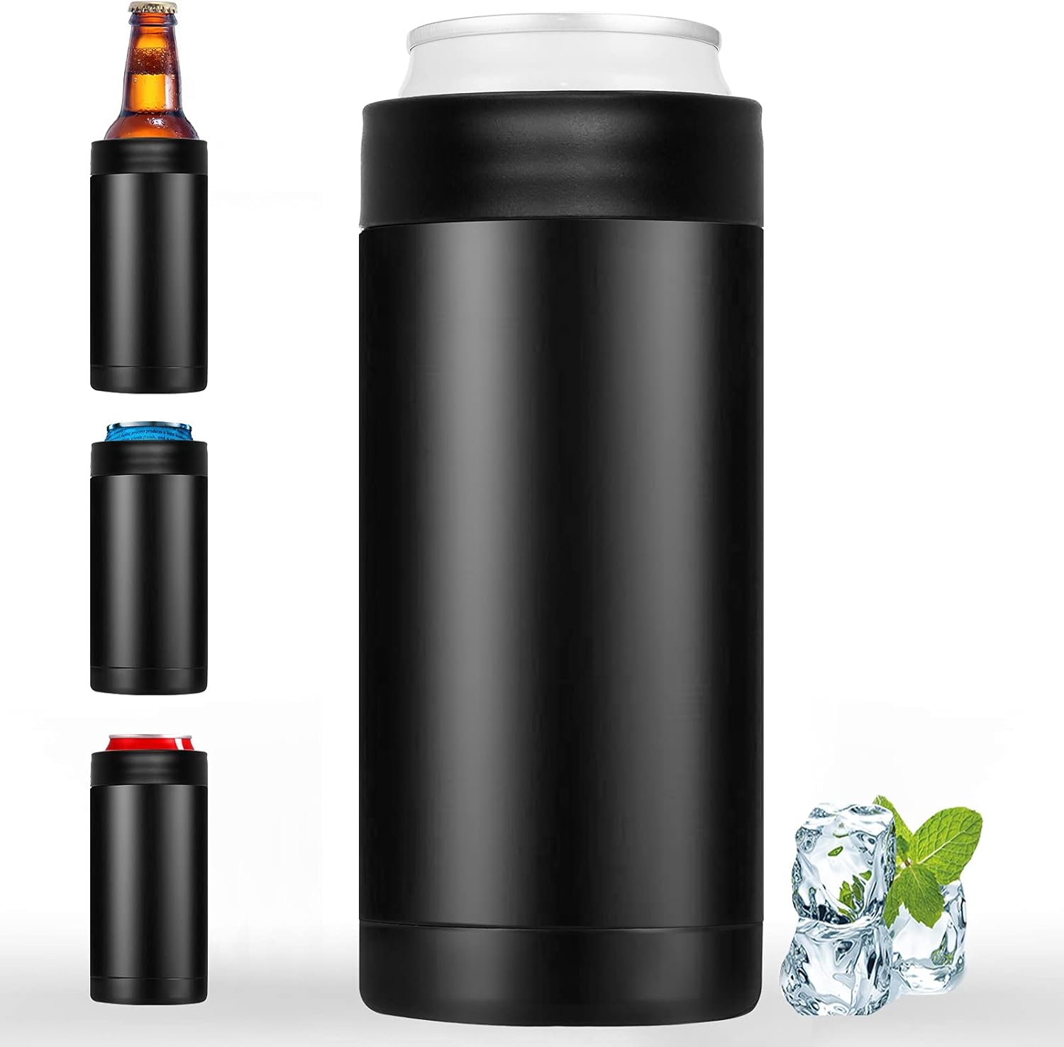 Double-walled Stainless Steel Insulated Can Cooler Fits 16oz Cans Bottles (Black)