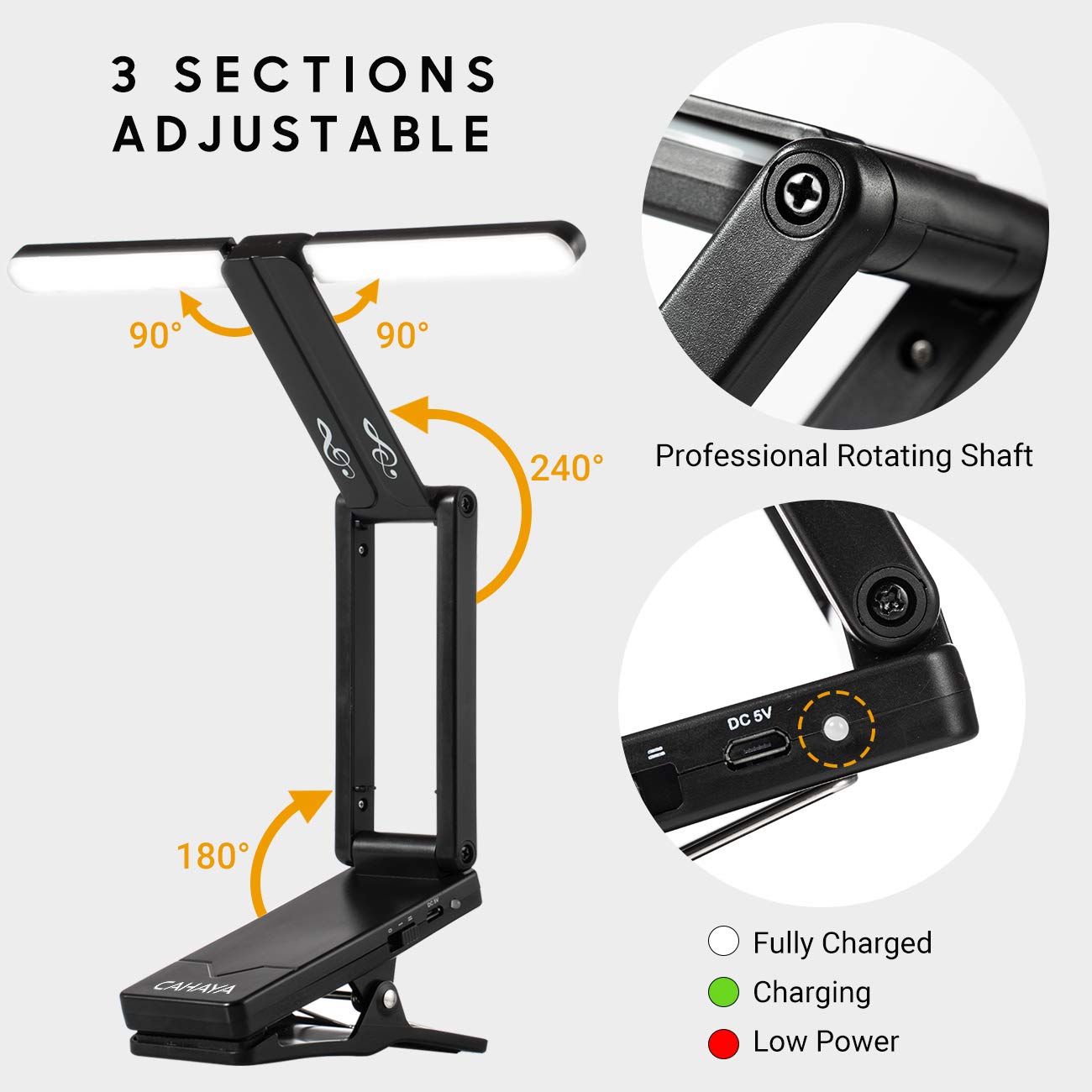 CAHAYA led-notenpultleuchte mit Klemme 10 Helles LEDs, licht für notenständer mit klammer Wiederaufladbarer led leselampe CY0240 6
