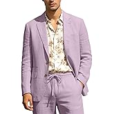 Men's Linen Suits 2 Piece Casual Regular Fit Linen Blazer Jacket and Pants for Summer Beach Wedding