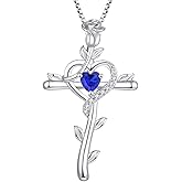 STARCHENIE Rose Cross Necklace 925 Sterling Silver Heart Crucifix Pendant Birthstones Jewelry for Women