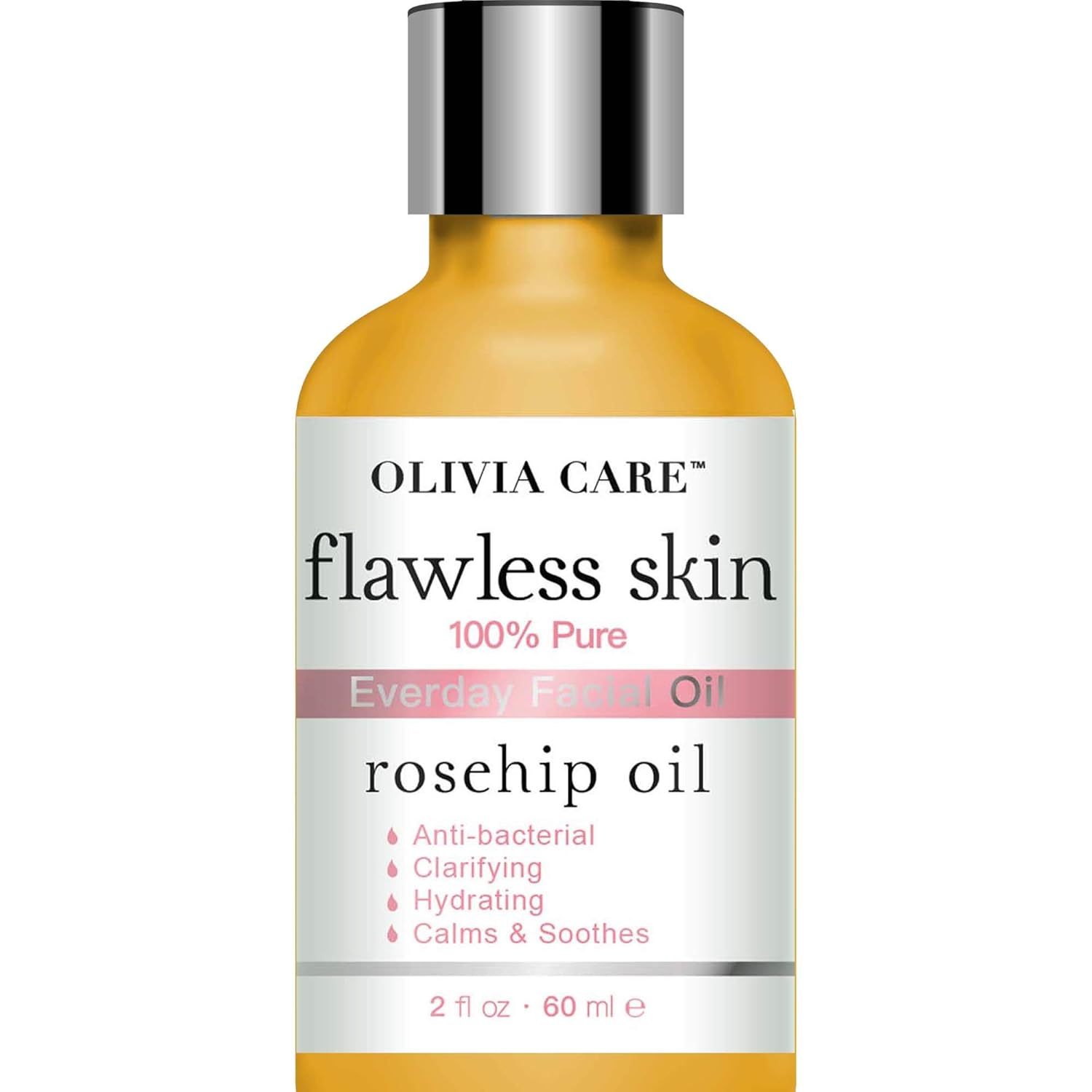 Rosehip Pure Flawless Essential Facial Oil By Olivia Care – 100% Natural. Moisturize, Hydrate & Soften Skin. Promotes Radiance, Elasticity & Rejuvenating. Anti-Aging & Remove Scars - 2 OZ