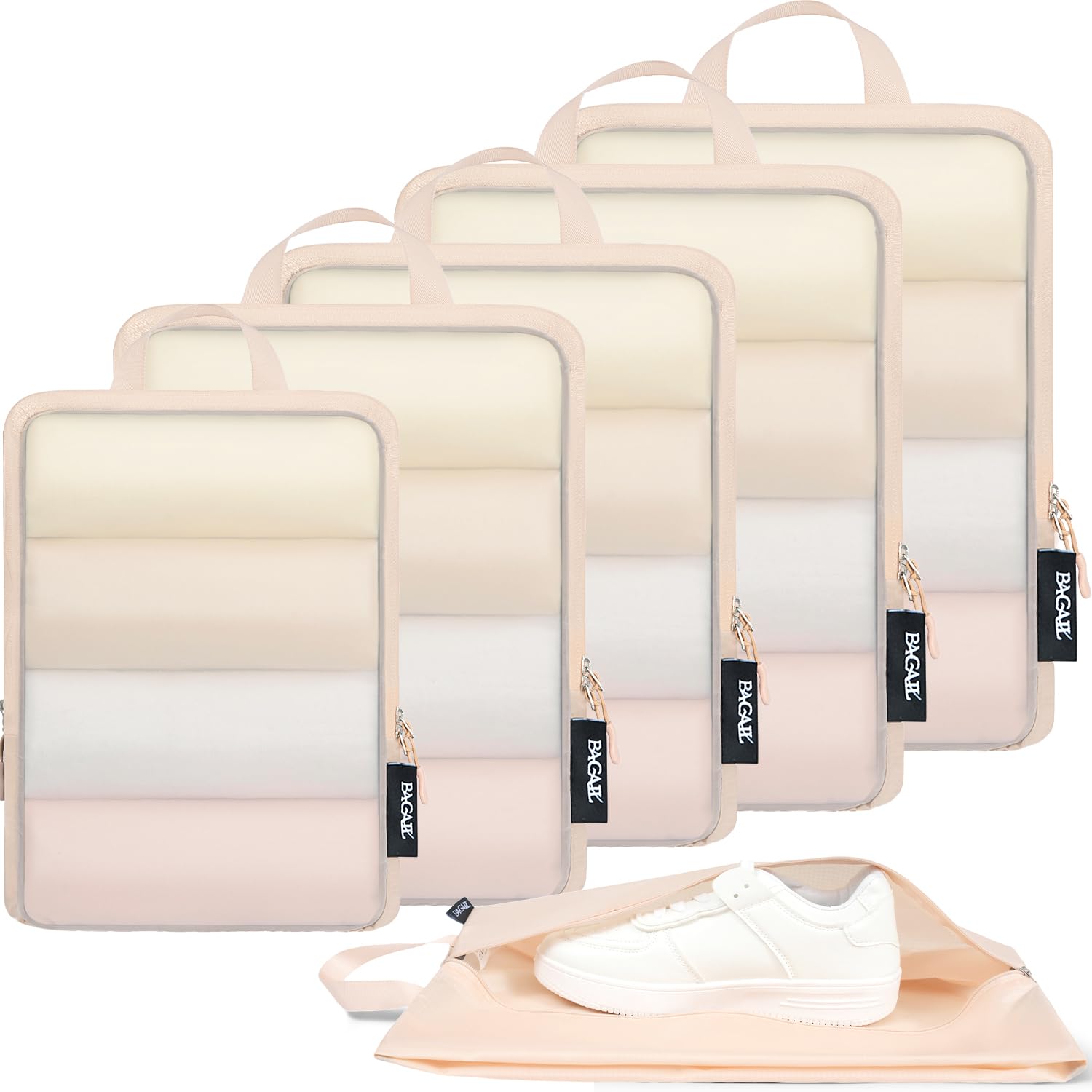 Photo 1 of BAGAIL 6 Set Ultralight Compression Packing Cubes Packing Organizer for Travel Accessories Luggage Suitcase Backpack(70D FullMesh Beige)