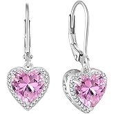 Lwsary Heart Dangle Drop Earrings 925 Sterling Silver Halo Solitaire Leverback Earrings Birthstone Jewelry for Women