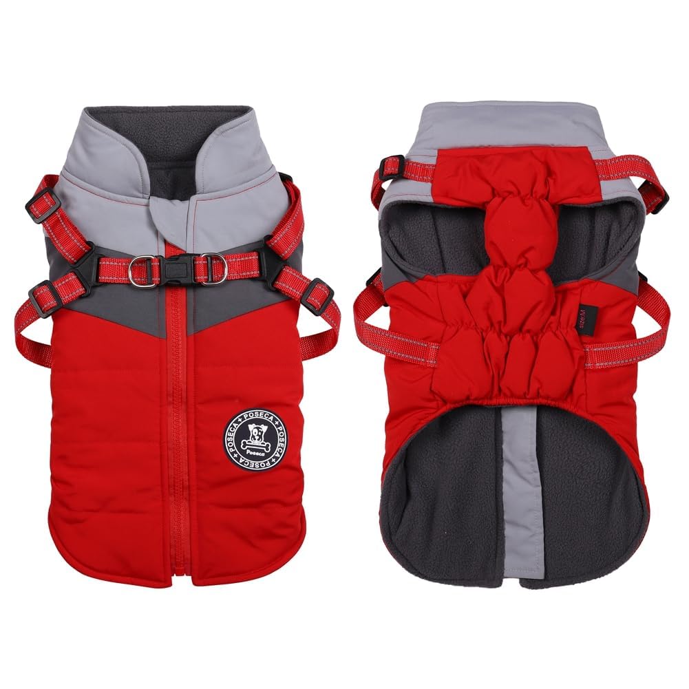 Poseca Dog Coat with Built-in Harness | 3-in-1 Waterproof Winter Jacket & Raincoat | Reflective Warm Puppy Clothes for Small Medium Dogs | Outdoor Walking (Red, XS) โ image 1
