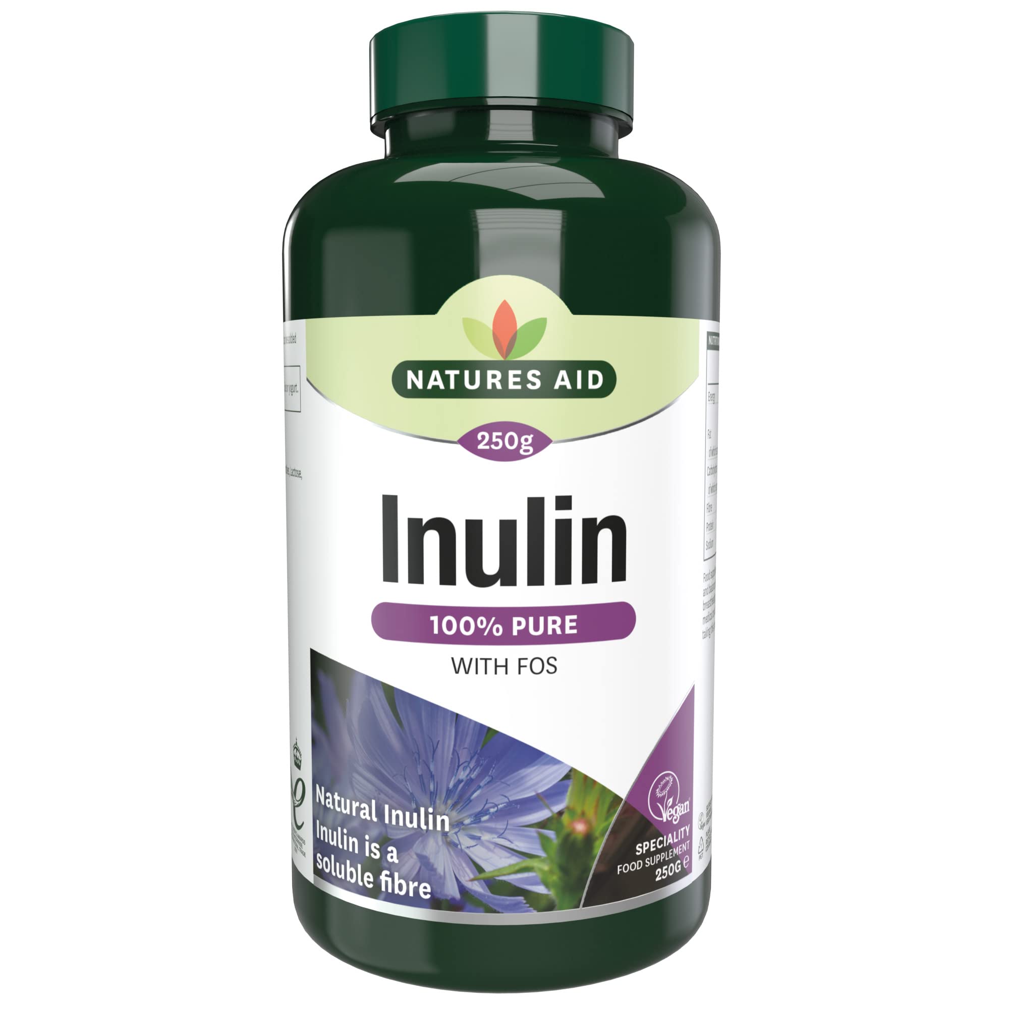 Natures Aid Inulin Powder 250g – Chicory Root Prebiotic Natural Soluble Fibre with FOS – Supports Gut Health & Digestion – High Fibre, Low Calorie - Vegan, Non-GMO, Gluten-Free - 100% Pure