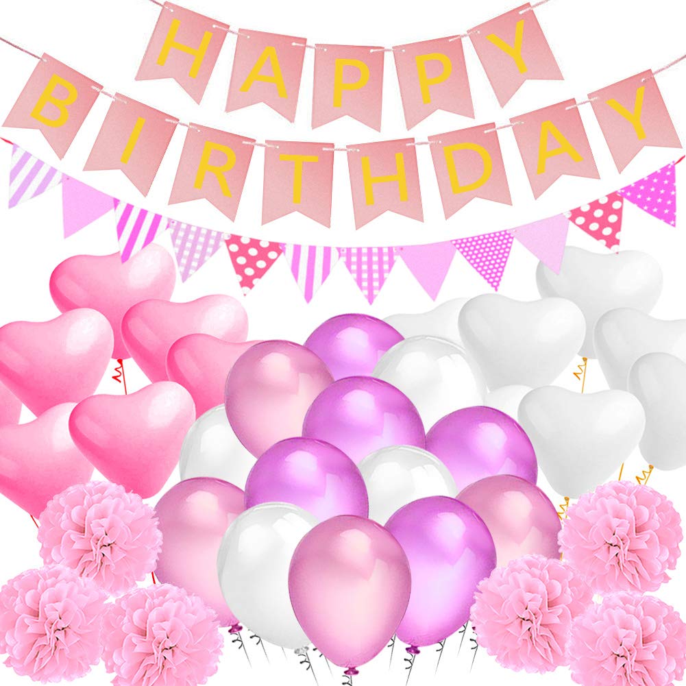 Amteker Party Birthday Decorations, Happy Birthday Banner Flags, 9 Tissue Paper PomPoms, 40 Latex Balloons, 20 Heart Balloons, for Birthday, Wedding, Baby Shower, Parties, Main Decorations