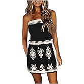 Summer Dress for Women Strapless Beach Cover Ups Boho Sundress Mini Dress Drawstring Waist with Pockets