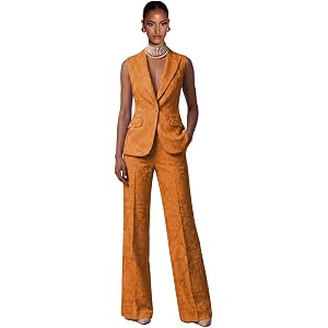 Jacquard Pant Suits for Women Dressy Sleeveless Blazer Vest and Wide Leg Pants Work Office Womens 2 Piece Outfits
