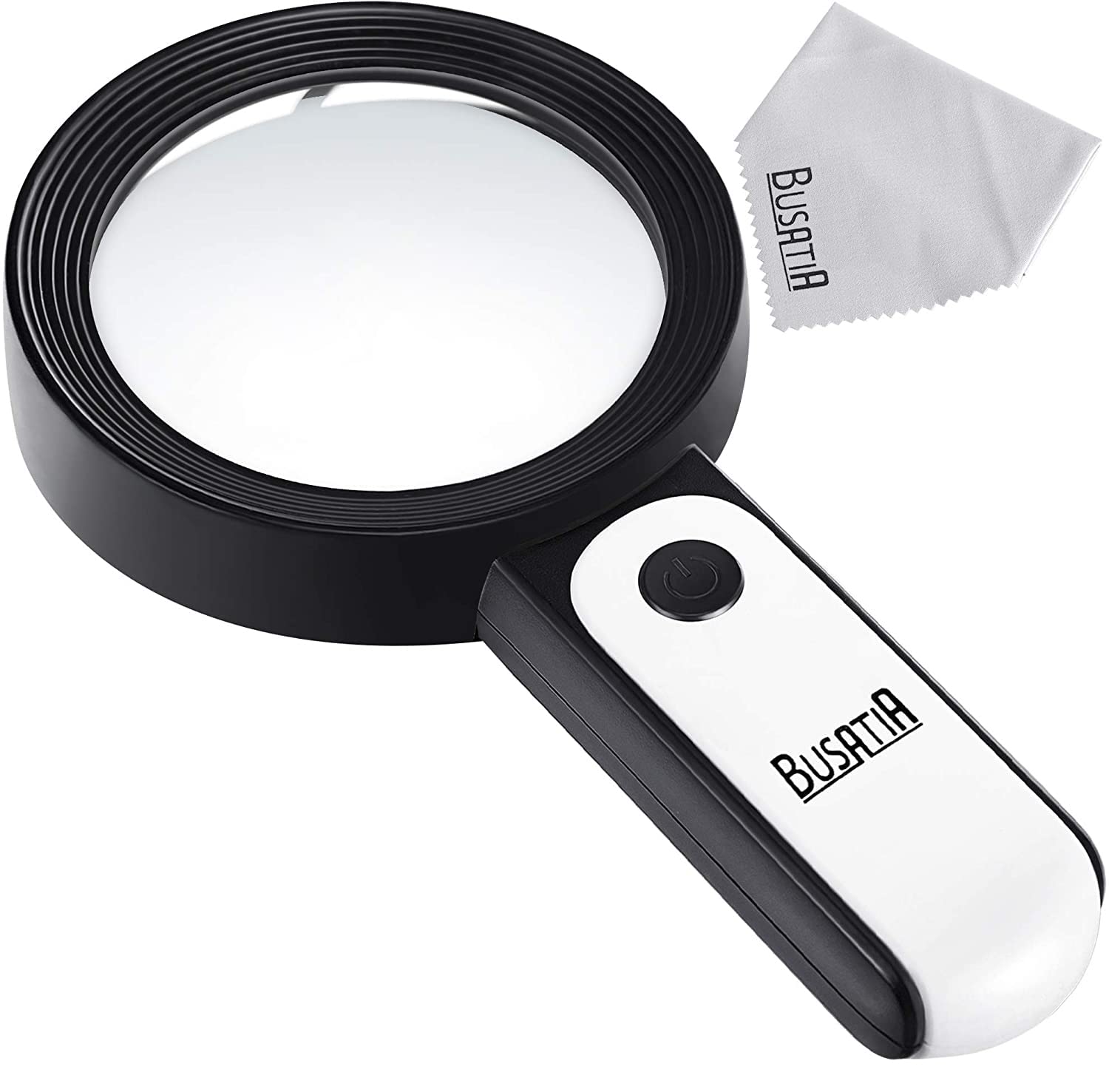 BUSATIA Magnifying Glass 30X, 18LED Handheld Large Magnifying Glass with light, 100mm/4in Glass Magnifier with 3 Modes, Illuminated Magnifying Glass for Reading, Hobbies (White + Black)
