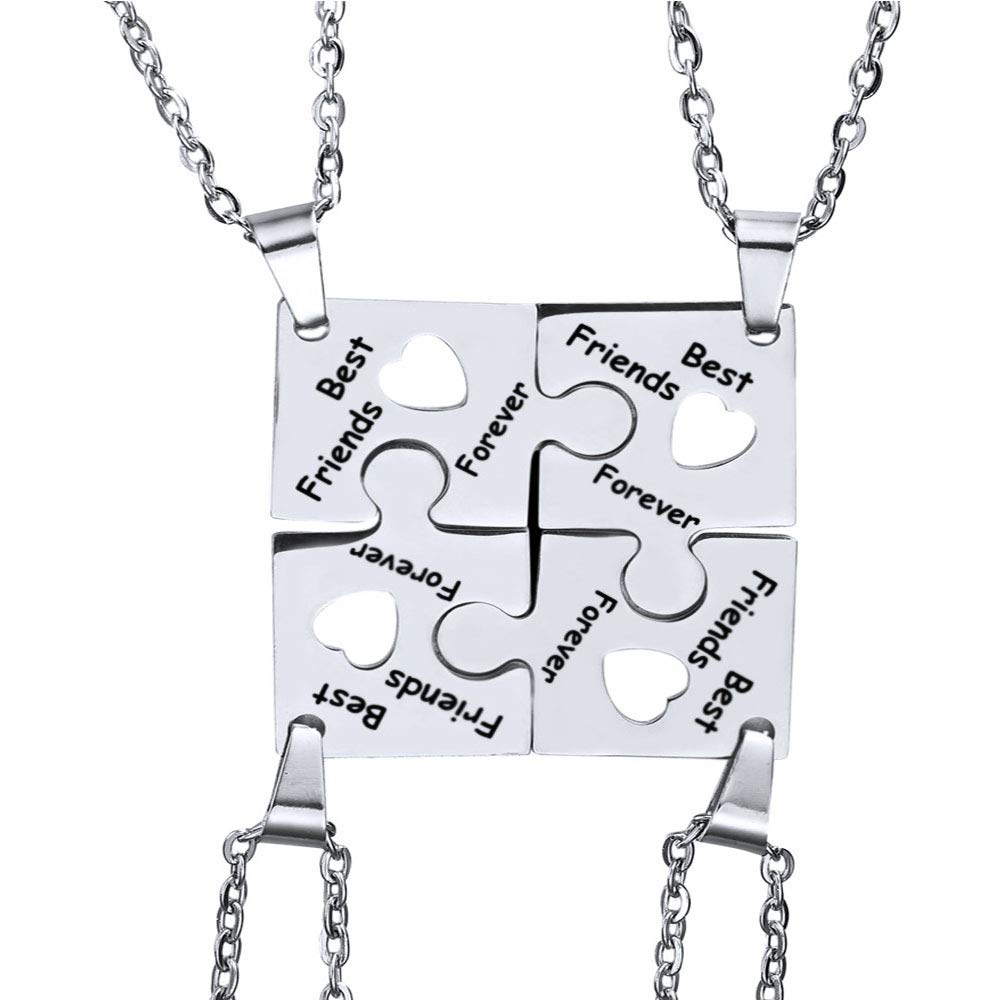 MiaLover Best Friends Forever Necklace Set of 4 Stainless Steel Puzzle Promise Keychain BFF Jewelry Gifts for Women Teen Girls, Stainless Steel
