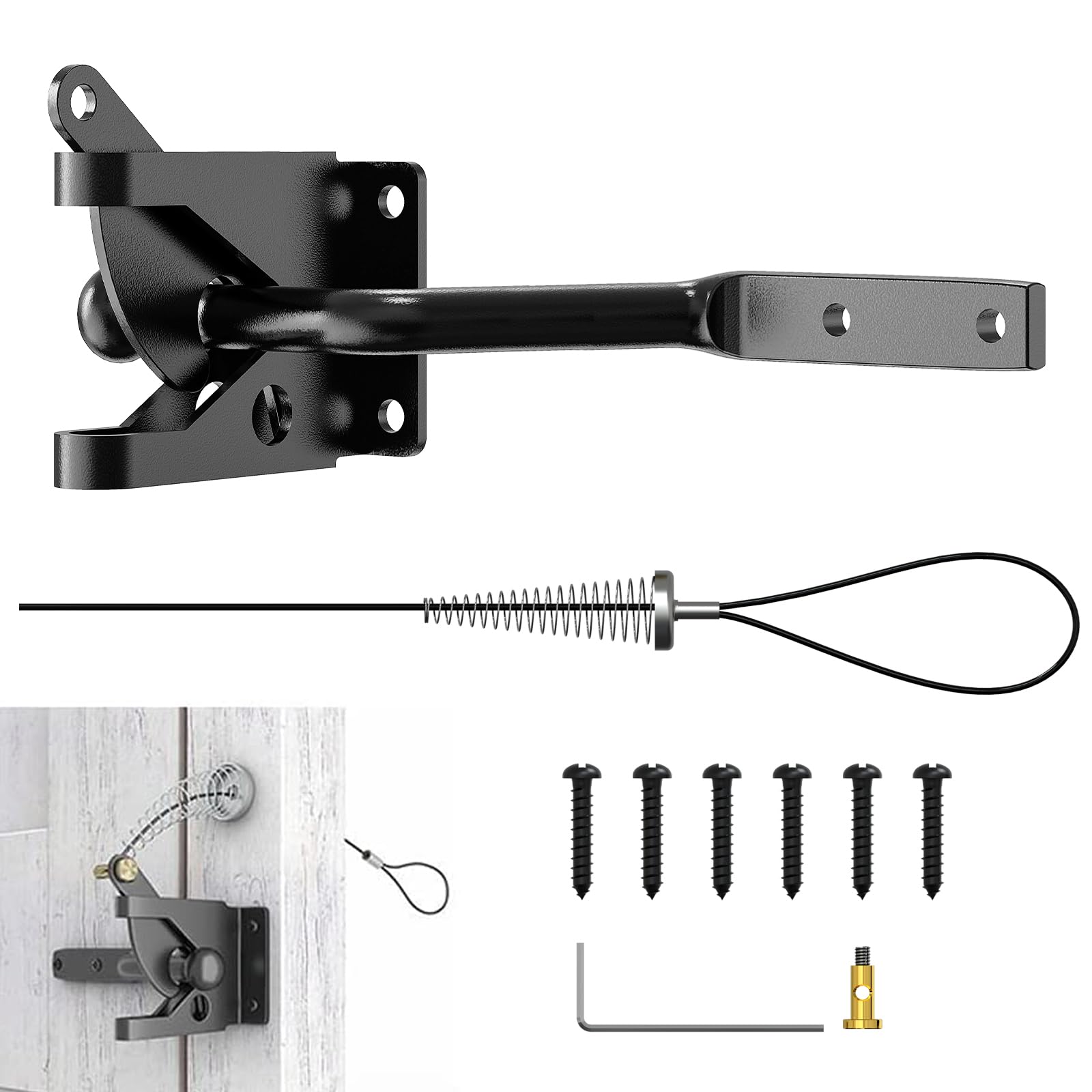 Linkidea Long Self Locking Gate Gravity Latch, Carbon Steel Spring Loaded with Adjustable Gate Latch Cable Pull, for Metal Wooden Fences (Black Kit) — image 1