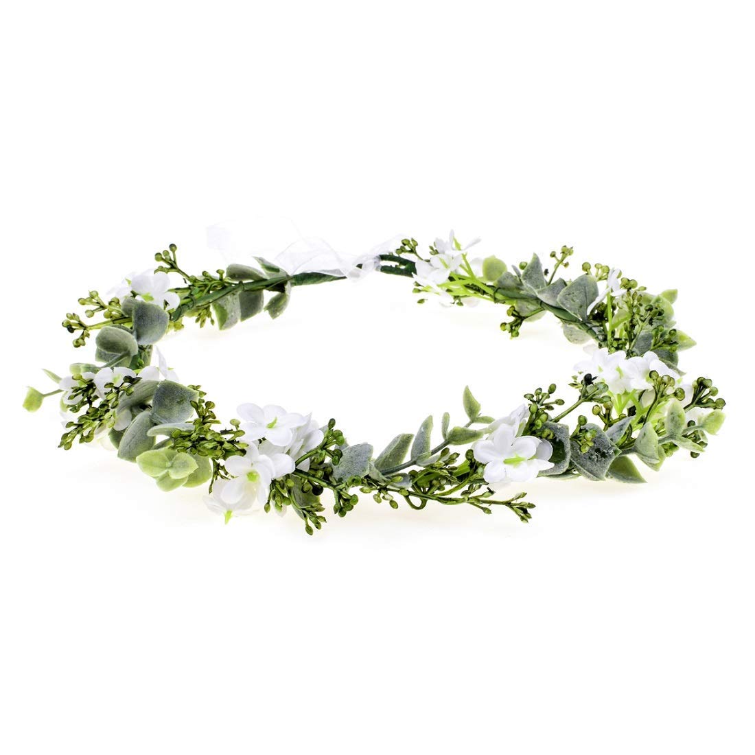 Merroyal Green Flower Crown Eucalyptus Crown Leaf Floral Crown Boho Wedding (White and Green)