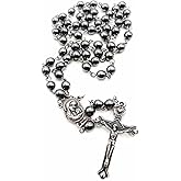 Nazareth Store Hematite Rosary Beads Black Stone Catholic Rosary Necklace with Jerusalem Holy Soil & Cross Antique Religious Rosaries Beads Collection
