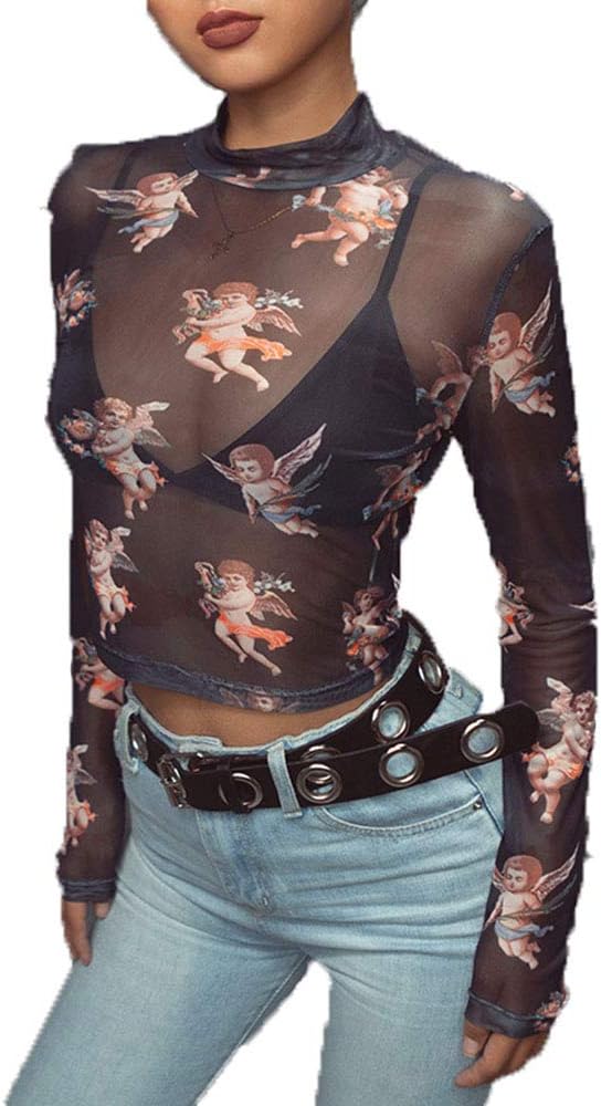 YEMOCILE Women's Angel Print Openwork Mesh Long Sleeve Turtle Neck Crop Tops T-Shirt