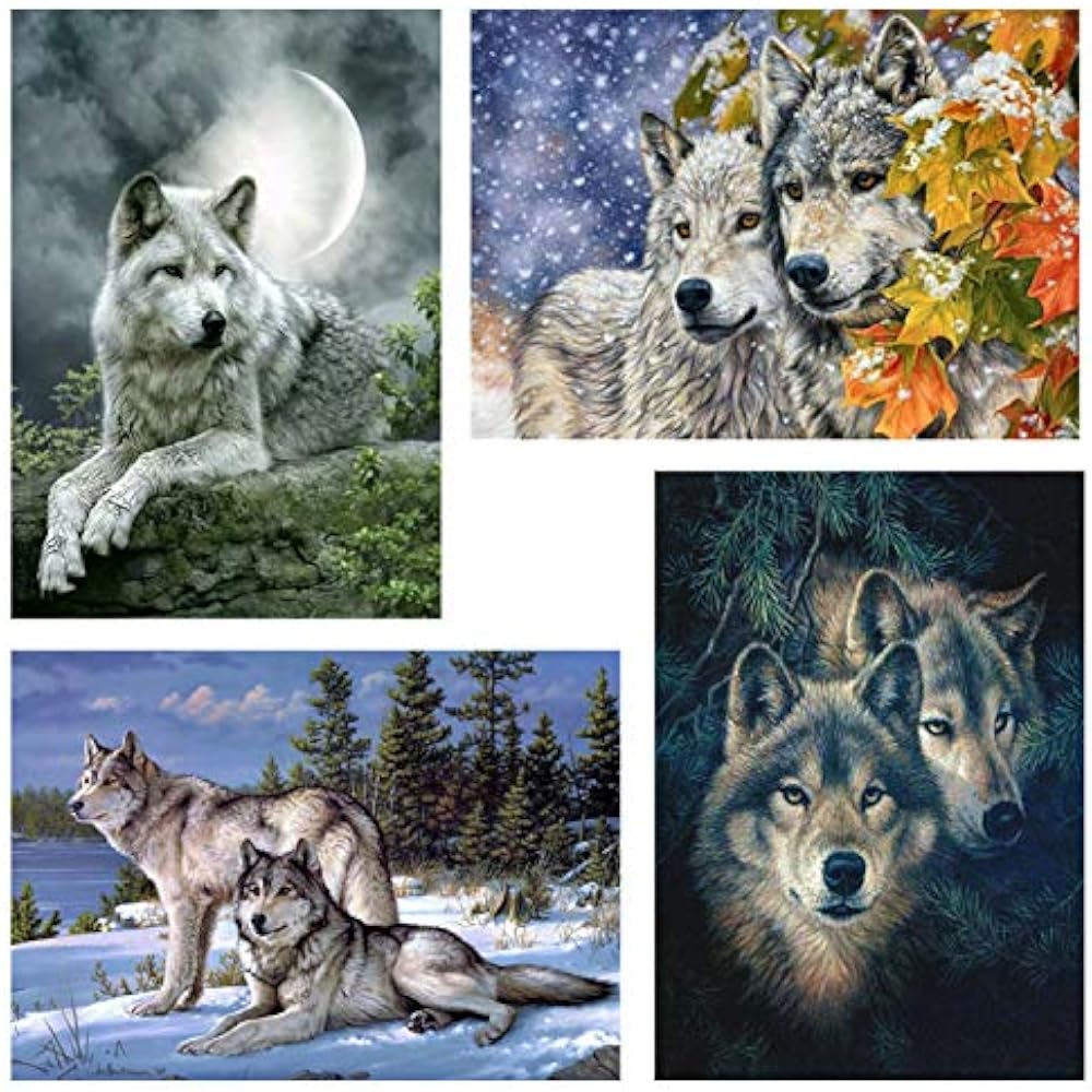 4 Sets 5d Full Drill Diamond Wolf Painting Dotz Kits For Adult Kids DIY