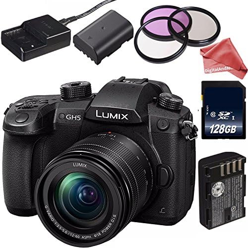 Panasonic Lumix DC-GH5 Mirrorless Micro Digital Camera with 12-60mm 3.5-5.6 Lens + Lithium Ion Battery + 128GB SDXC Class 10 Memory Card + DigitalAndMore EXCLUSIVE Bundle