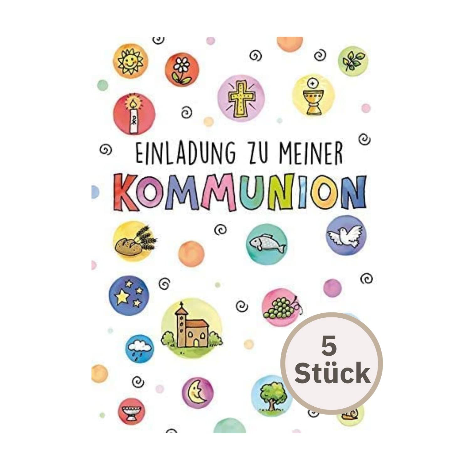 Perleberg Communion Invitation Cards in Premium Quality Pack of 5 Elegant Communion Invitation Cards with Envelopes for Girls and Boys with Symbols 10.5 x 14.5 cm
