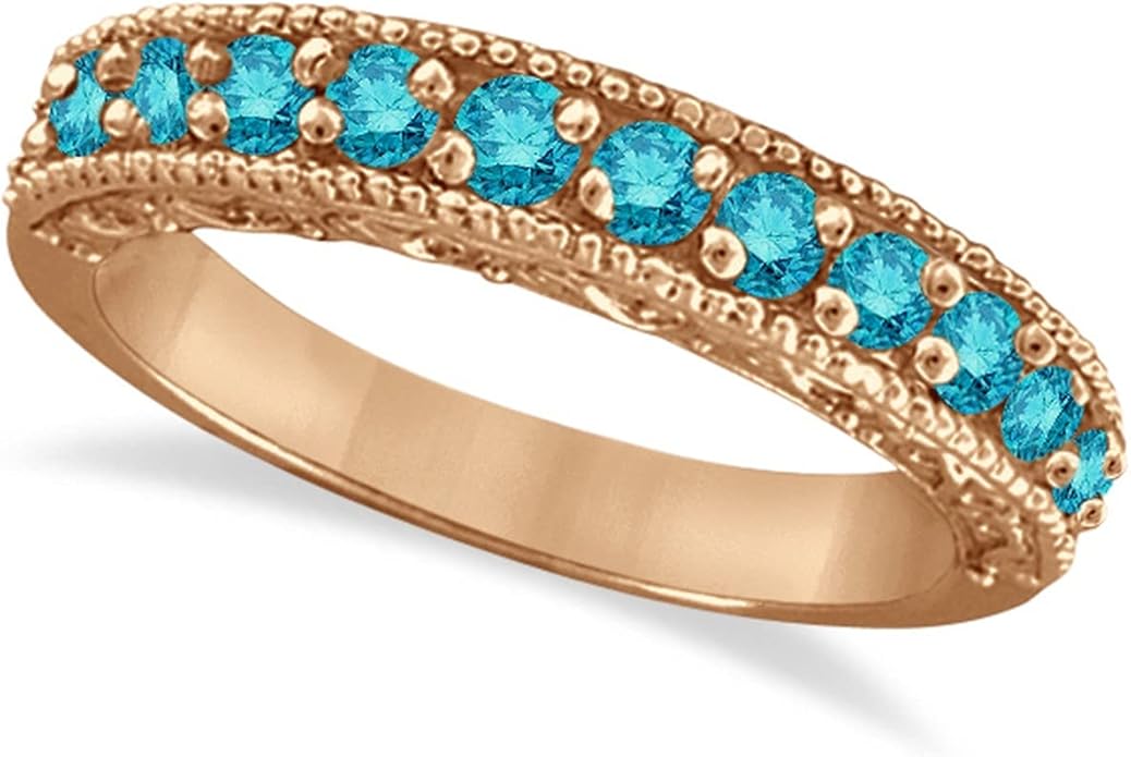 14k Gold Designer Blue Diamond Wedding Ring Band Stackable Milgrain (0.45ct) Jewelry