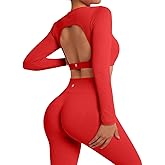 SUUKSESS 2 Piece Workout Sets for Women Long Sleeve Gym Sets Woman Butt Lifting Leggings Open Back Crop Tops