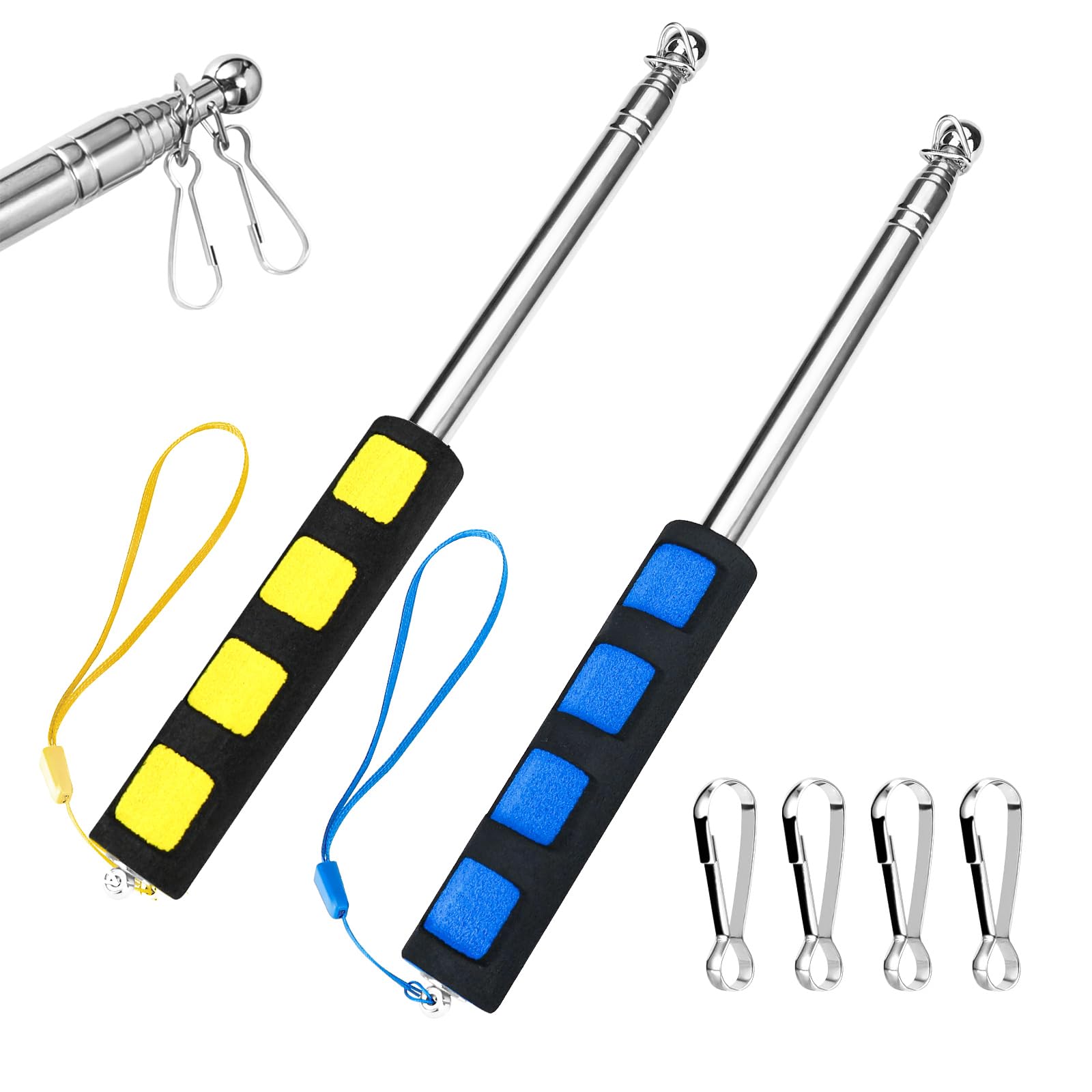 2 Pcs 1.2M Telescopic Handheld Flagpoles with Clips, Portable Telescoping Handheld Flagpole, Stainless Steel Tour Guide Flag Pole Collapsible, Telescopic Banner Pole, Teaching Pointer Stick (2 COLORS)