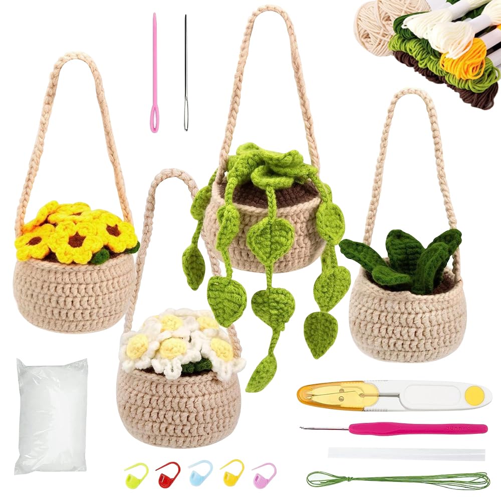 HIULLEN Hanging Potted Plants Crochet, 4 PCS Crochet Kits for Beginners, Knitting Starter Kit with Easy to Follow Tutorials, Complete Crochet Kit for Decorative Home DIY Gift Crafts