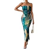 Floerns Women's Tie Dye Strapless Ruched Split Thigh Bodycon Long Tube Dress