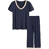 Latuza Women's V-neck Sleepwear Short Sleeves Top with Pants Pajama Set
