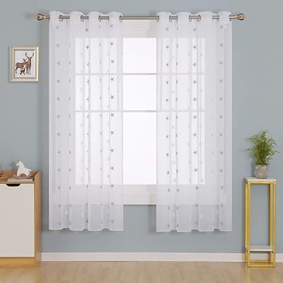 Deconovo Star Embroidery Linen Look Sheer Voile Curtains Two Panels 55 x 72 Grey