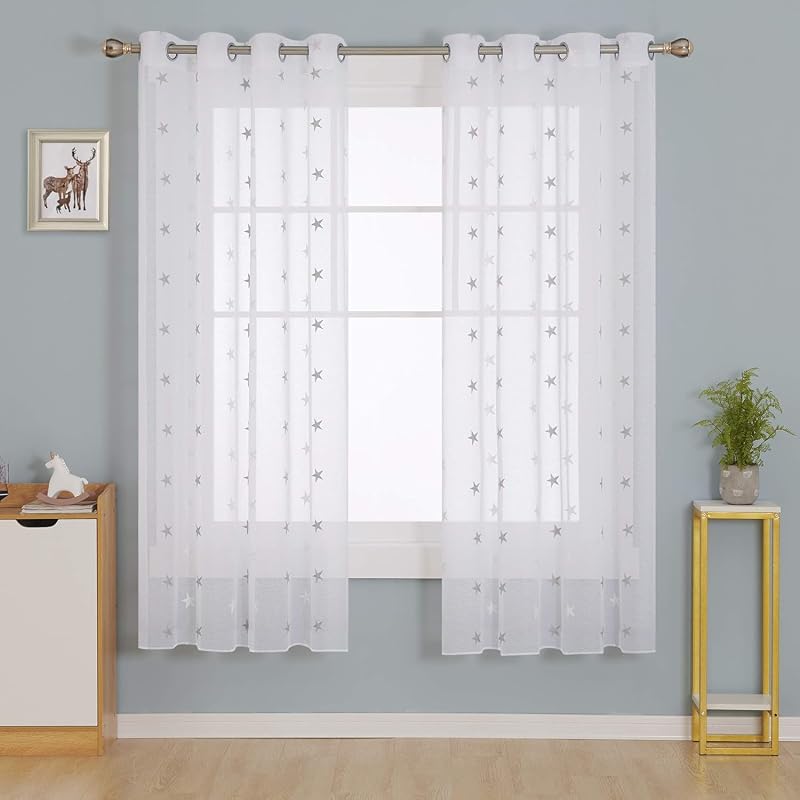 Deconovo Star Embroidery Linen Look Sheer Voile Curtains Two Panels 55 x 72 Grey