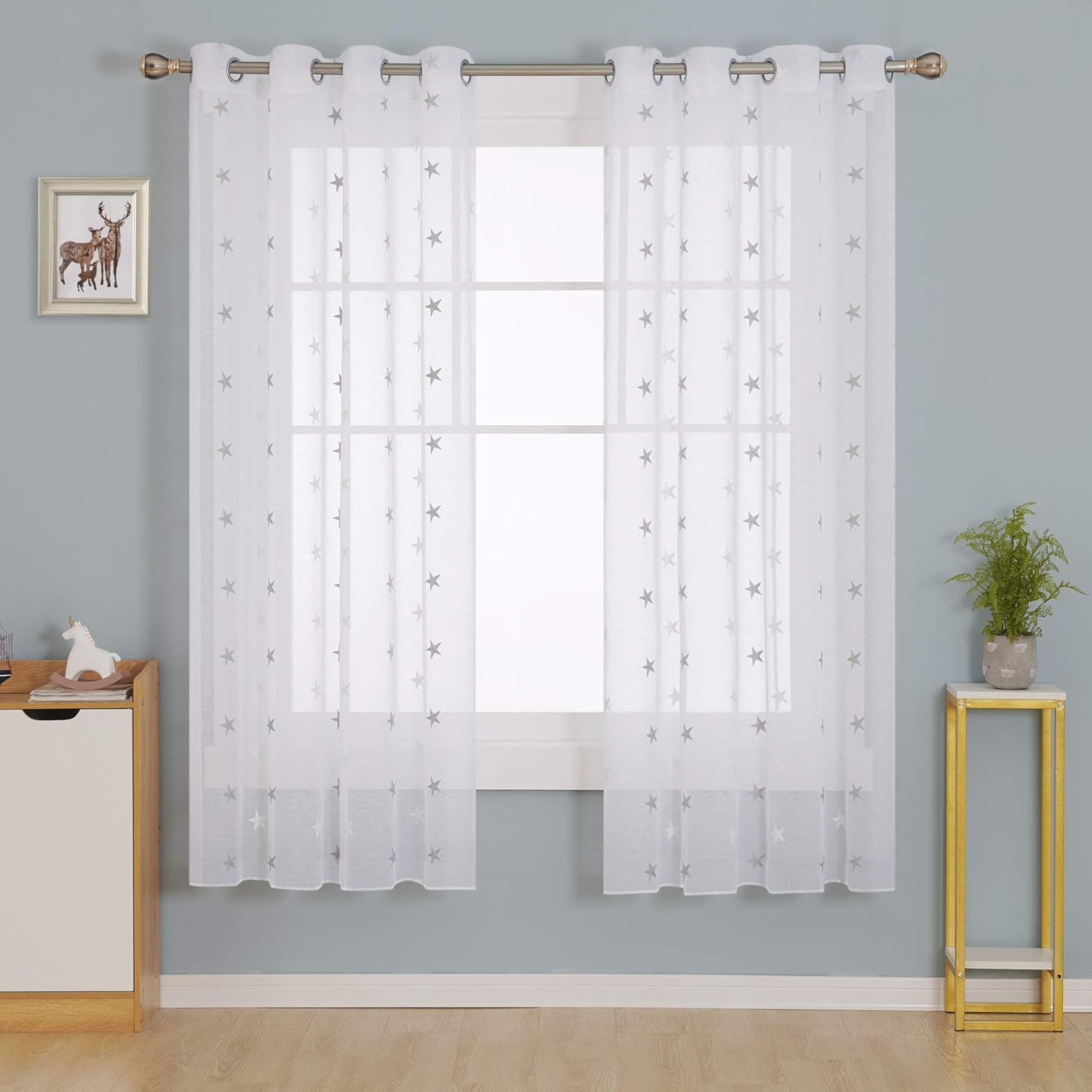 Deconovo Linen Look Embroidered Voile Curtains Star Pattern Sheer Curtains for Kids 55 x 72 Inch Grey Two Panels — image 1