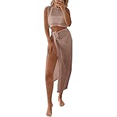 Fisoew Womens Crochet Swim Cover Ups 2 Piece Sleeveless Crop Tops Beach Wrap Skirt Hollow Out Boho Coverup Set
