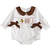 Infant Newborn Baby Girl Thanksgiving Outfit Turkey Gobble Smocked Bubble Romper Long Sleeve Plaid Bodysuit Clothes