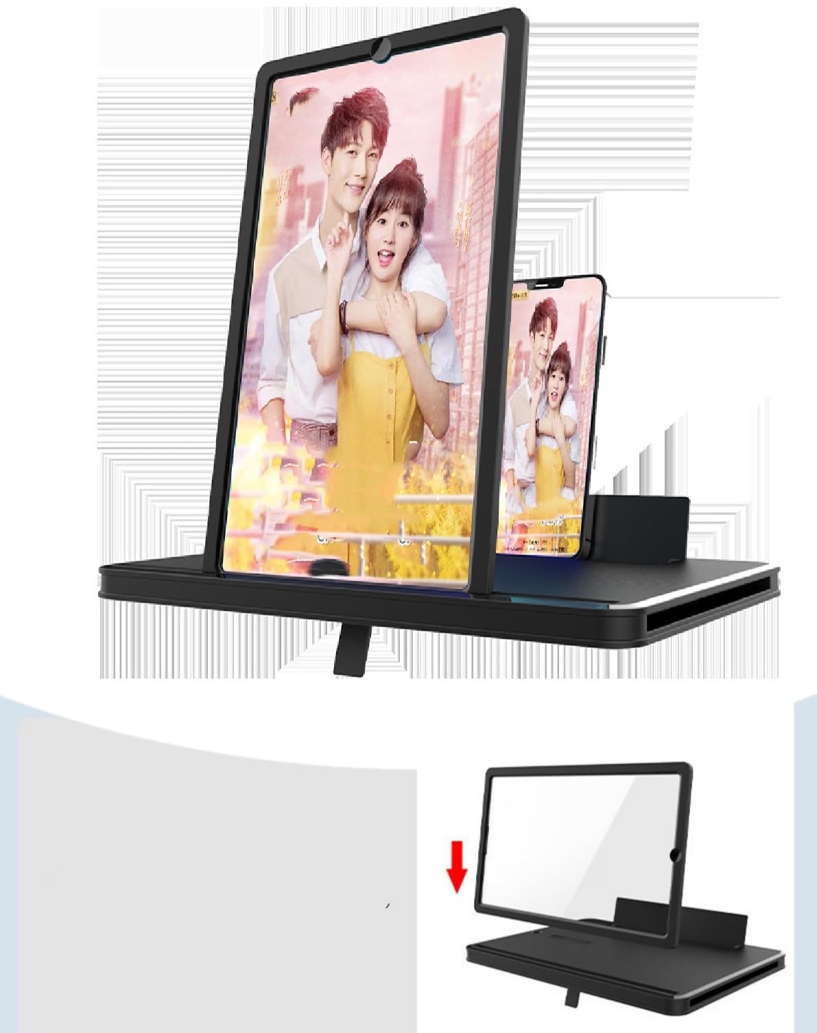 10'' Phone Screen Magnifier Vertical Horizontal,3D HD Mobile Phone Screen Amplifier Projector for Movies Videos and Gaming,Desktop Phone Holder Stand Screen Enlarger