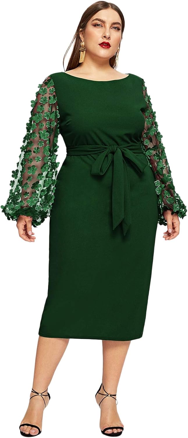 SheIn Women's Plus Size Elegant Mesh Contrast Pearl Beading Sleeve Stretchy Bodycon Pencil Dress: Clothing