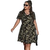 SOLY HUX Women's Plus Size Camo Print V Neck Short Sleeve Casual T Shirt Dress