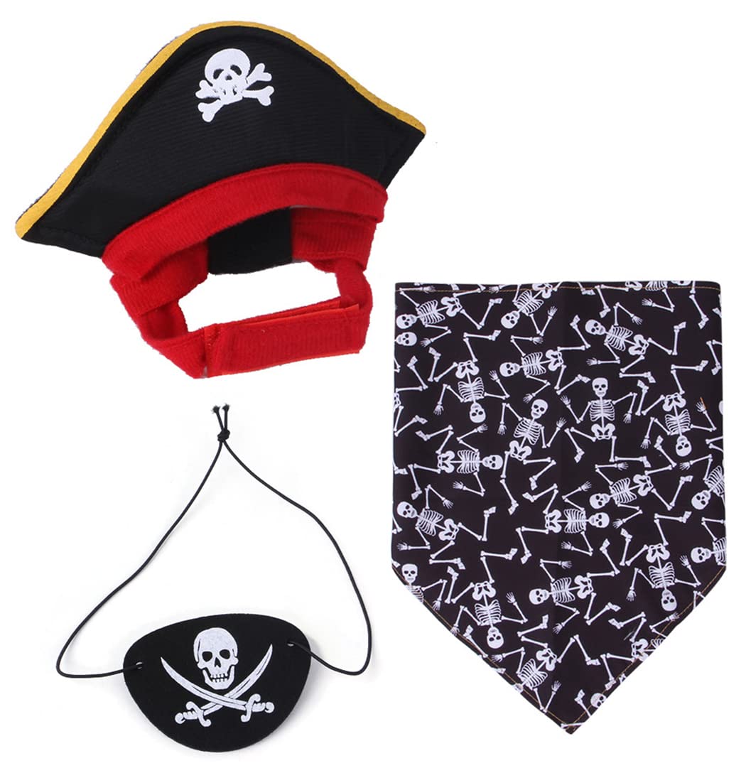XIAOYU 3 Pieces Halloween Dog Pirate Costume Set - Pet Hat, Skull Triangle Bandana, and Blindfold for Dog Cat Cosplay, Black