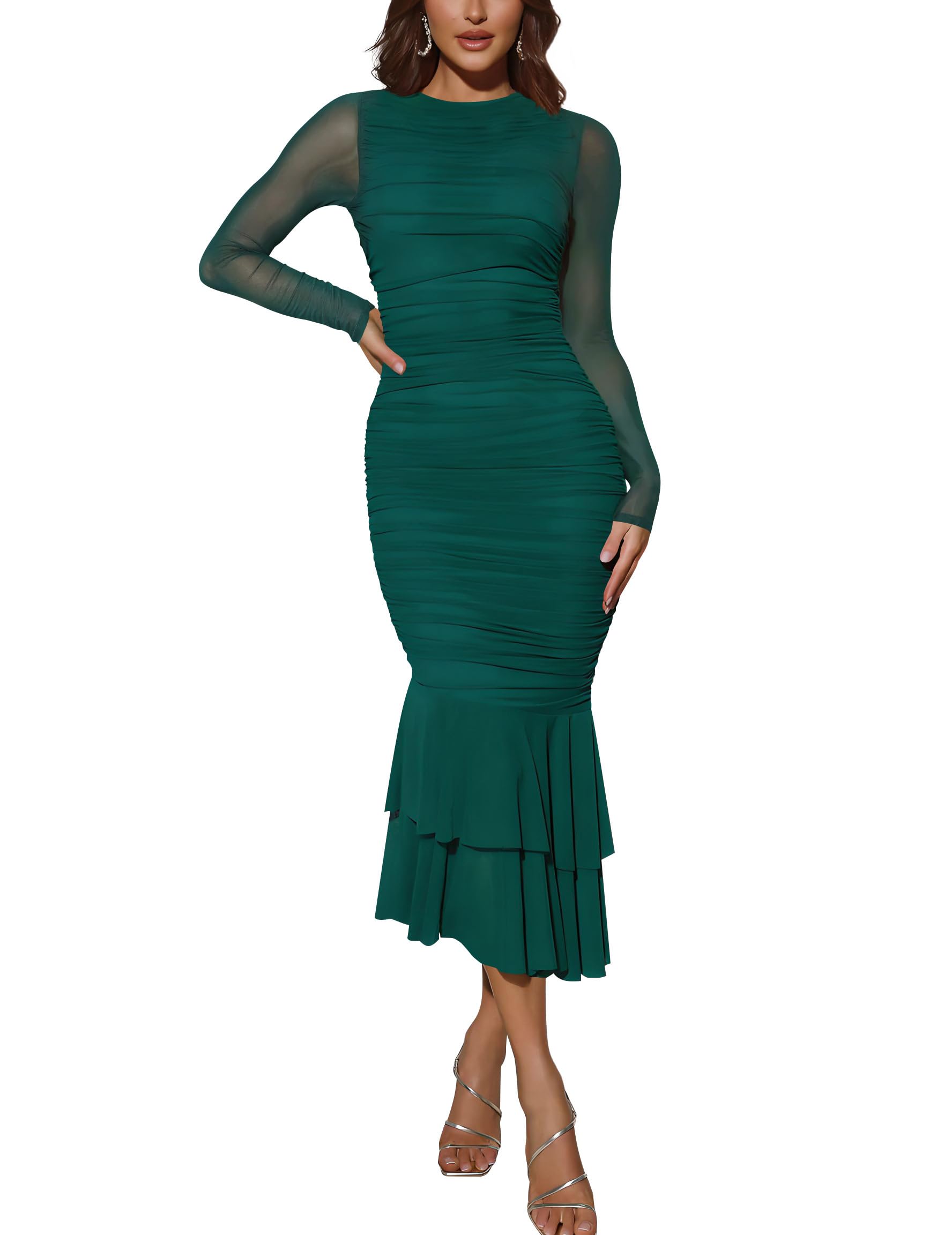 Photo 1 of Atizon Elegant Ruched Bodycon Evening Dresses for Women Cocktail Party Formal Maxi Mermaid Dress Dark Green