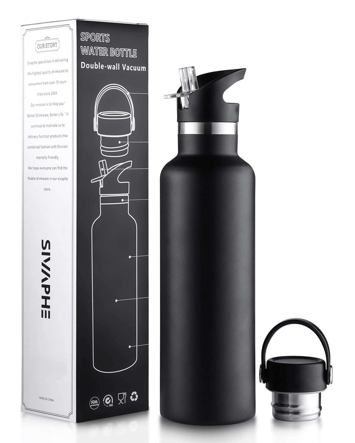 Sivaphe Insulated Water Bottle Leak-Proof for Sports Outdoor Stainless Steel, Double Walled Vacuum Drink Flasks with Lids and Straw 750ml Black
