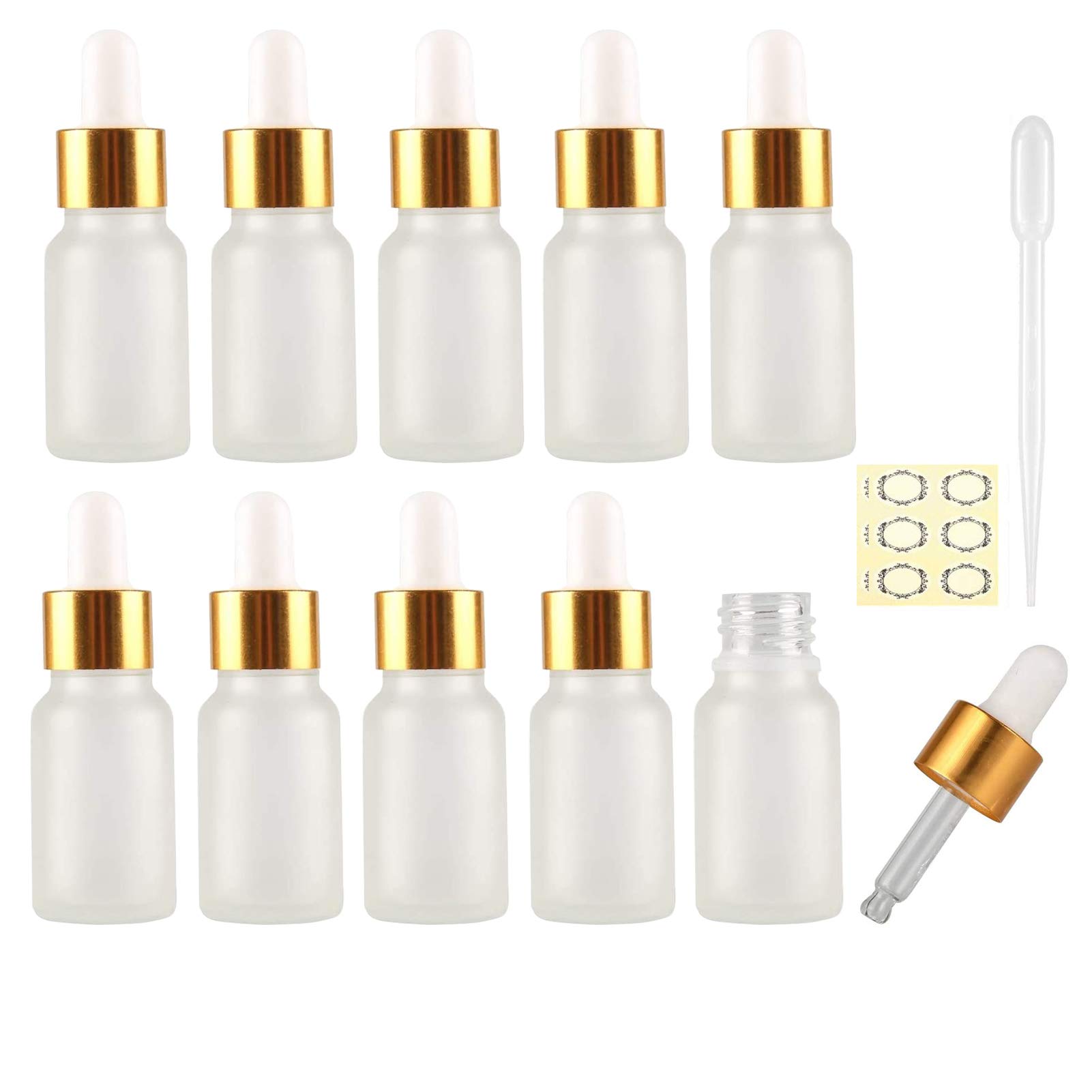 Alledomain 10Pcs, 5ml Frosted Glass Bottles with Dropper Pipettes, Mini Empty Dropper Bottles Golden Metal Cap Refillable Sample Container for Essential Oil/Aromatherapy Blends/Chemical Liquid